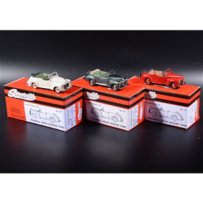 Lot 393 - Somerville 1:43 scale white metal models; three no.151 Vauxhall Caleche in cream, in met green and red, boxed.