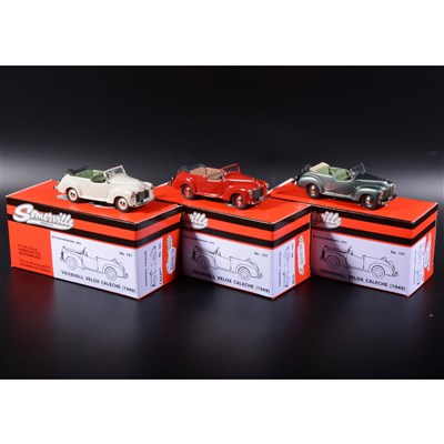 Lot 394 - Somerville 1:43 scale white metal models; three no.151 Vauxhall Caleche in cream, in met green and red, boxed.