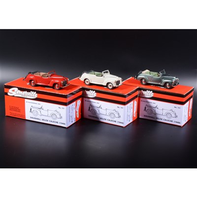 Lot 395 - Somerville 1:43 scale white metal models; three no.151 Vauxhall Caleche in cream, in met green and red, boxed.