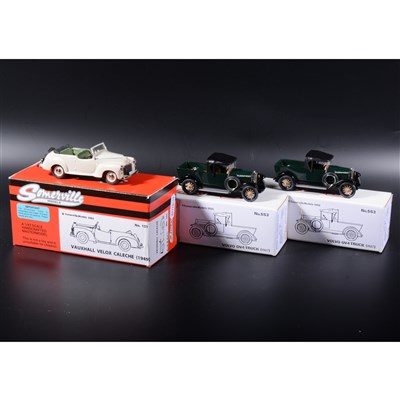 Lot 396 - Somerville 1:43 scale white metal models; three no.151 Vauxhall Caleche in cream, no.SS3 Volvo OV4 truck in green x2, boxed.