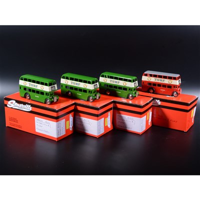 Lot 420 - Somerville 1:43 scale white metal model; four model buses based on Dinky Toy designs