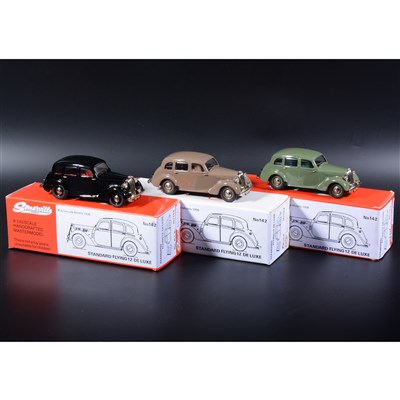 Lot 400 - Somerville 1:43 scale white metal models; two no.142 Standard Flying 12 De Luxe, in fawn, green and black, boxed.