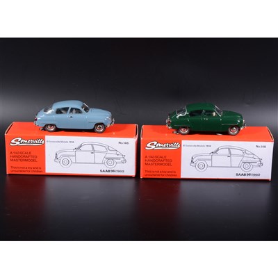 Lot 401 - Somerville 1:43 scale white metal models; two no.146 Saab 96 (1960), in green and blue, boxed.
