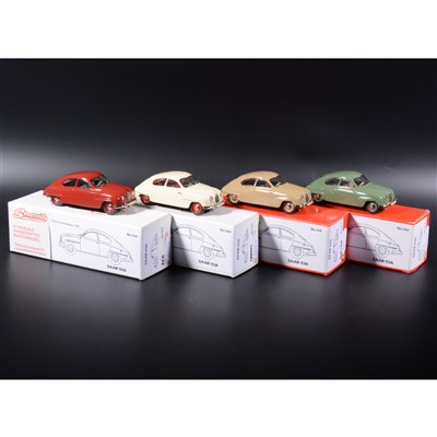 Lot 402 - Somerville 1:43 scale white metal models; four no.144 Saab 93A, in red, olive green, cream and beige, boxed.