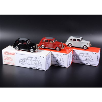 Lot 407 - Somerville 1:43 scale white metal models; three no.147 1938 Ford Prefect, in black, grey, and maroon, boxed.