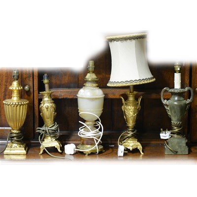 Lot 158 - A brass and onyx table lamp, together with four other modern table lamps