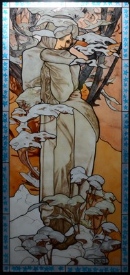 Lot 102 - A large stained glass panel, after Mucha, by Vitrum Vetruria, probably 1970s