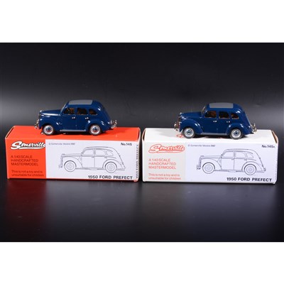 Lot 408 - Somerville 1:43 scale white metal models; two no.145 1950 Ford Prefect, both in dark blue, boxed.