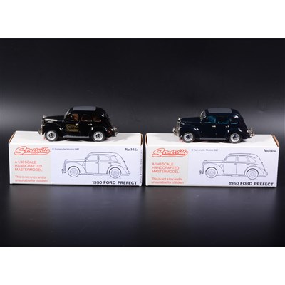 Lot 409 - Somerville 1:43 scale white metal models; two no.145 1950 Ford Prefect, in rare Navy Blue and rare black with 'Elite Carpets' transfers, boxed.