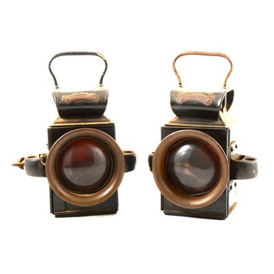 Lot 155 - Pair of Edwardian Miller wagon lamps, lacking...
