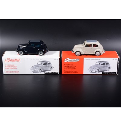 Lot 465 - Somerville 1:43 scale white metal models; two no.103 Ford Popular E103, in rare navy blue, and light fawn, boxed