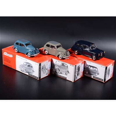 Lot 466 - Somerville 1:43 scale white metal models; two no.103 Ford Popular E103 and Ford Popular E93A, in blue and fawn, and a no.100 Austin FX4 taxi. in blue, boxed