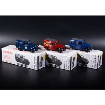 Lot 260 - Somerville 1:43 scale white metal models; three Fordson 5CWT Van, with 'Vitalim Dogs Foods', 'Frank Cooper ltd', 'Model Auto Review' transfers, boxed