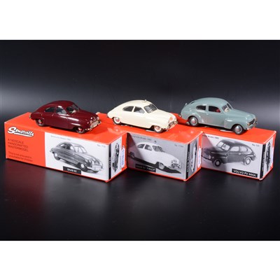 Lot 472 - Somerville 1:43 scale white metal models; no.119 Saab 92 in maroon, no.119A Saab 92 'Rally' in cream, and a no.121 Volvo PV 444A in green, boxed