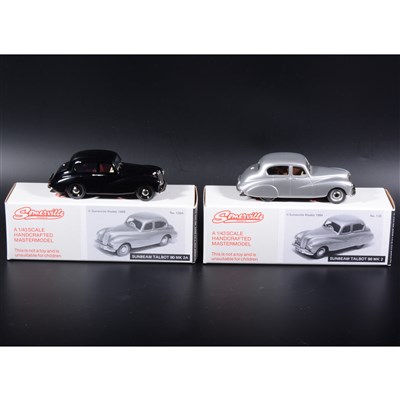Lot 474 - Somerville 1:43 scale white metal models; no.120A and no.120 Sunbeam Talbot 90 Mk2/Mk2A, in metallic silver grey and black, boxed