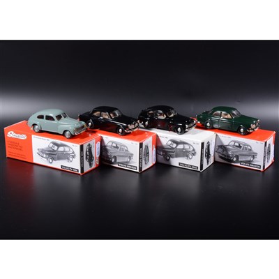 Lot 475 - Somerville 1:43 scale white metal models; two no.121 Volvo PV 444A in green and black, two no.124 Volvo Amazon in green and black, boxed