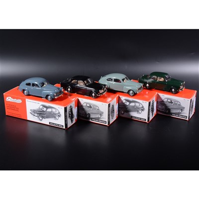 Lot 476 - Somerville 1:43 scale white metal models; two no.121 Volvo PV 444A in green and blue/grey, two no.124 Volvo Amazon in green and black, boxed