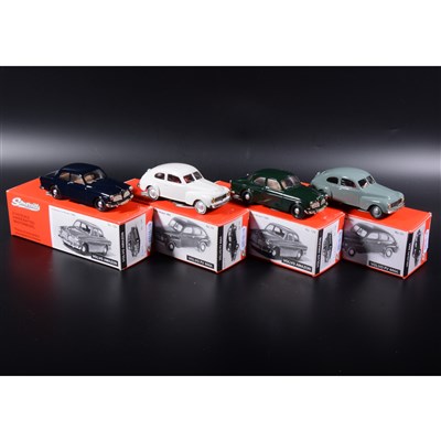 Lot 478 - Somerville 1:43 scale white metal models; two no.121 Volvo PV 444A in green and white, two no.124 Volvo Amazon in green and dark blue, boxed