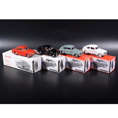 Lot 479 - Somerville 1:43 scale white metal models; three no.121 Volvo PV 444A in green, white and black, and a no.124 Volvo Amazon in red, boxed