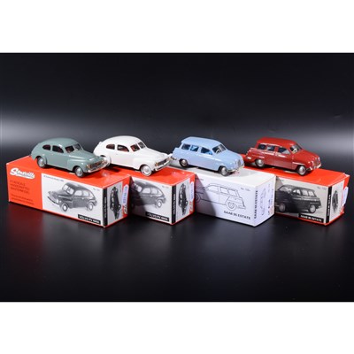 Lot 480 - Somerville 1:43 scale white metal models; two no.121 Volvo PV 444A in green and white, and two no.123 Saab 95 Estate in light blue and red, boxed