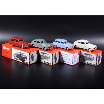 Lot 481 - Somerville 1:43 scale white metal models; two no.121 Volvo PV 444A in green and white, and two no.123 Saab 95 Estate in light blue and red, boxed