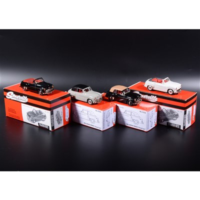 Lot 483 - Somerville 1:43 scale white metal models; two no.133 Hillman Minx Convertible in black and white, and two no.133a Hillman Minx (hood up), in black and grey, boxed