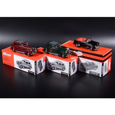 Lot 484 - Somerville 1:43 scale white metal models; no.133 Hillman Minx Convertible in black, and two no.134 P-2 Rvoer 14 in green and maroon, boxed