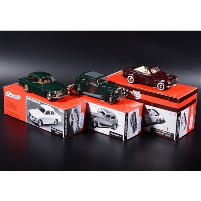 Lot 485 - Somerville 1:43 scale white metal models; no.138 Volvo 445 Cabriolet (1953) in maroon, no.136 Volvo Amazon 123GT in green, no.134 P-2 Rover 14 in green, boxed