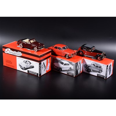 Lot 486 - Somerville 1:43 scale white metal models; no.138 Volvo 445 Cabriolet (1953) in maroon, no.136 Volvo Amazon 123GT in red, no.134 P-2 Rover 14 in red/black, boxed
