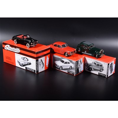 Lot 487 - Somerville 1:43 scale white metal models; no.138 Volvo 445 Cabriolet (1953) in black, no.136 Volvo Amazon 123GT in red, no.134 P-2 Rover 14 in green, boxed
