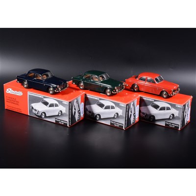 Lot 488 - Somerville 1:43 scale white metal models; three no.136 Volvo Amazon 123 GT in dark blue, green and red, boxed