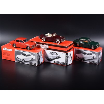 Lot 489 - Somerville 1:43 scale white metal models; two no.136 Volvo Amazon 123 GT in red and green, and a no.138 Volvo 445 Cabriolet (1953) in maroon, boxed