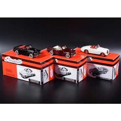 Lot 491 - Somerville 1:43 scale white metal models; three no.138 Volvo 445 Cabriolet (1953), in black, cream and maroon, boxed