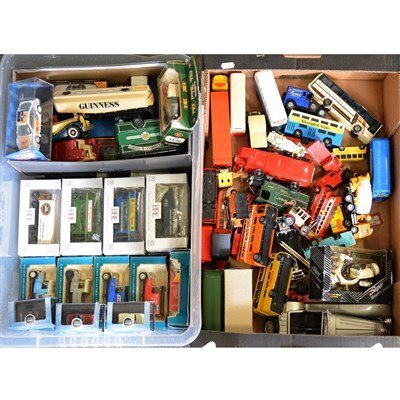 Lot 290 - Two boxes and a shoebox of modern die-cast toys, including EFE buses, Corgi models, and others.