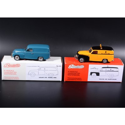 Lot 248 - Somerville 1:43 scale white metal models; two no.140 Volvo Panel Van, in rare yellow/black and blue, boxed.