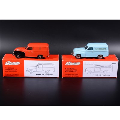 Lot 249 - Somerville 1:43 scale white metal models; two no.140 Volvo Panel Van, in rare red 'Post Van', and blue, boxed.