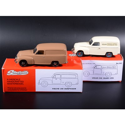Lot 250 - Somerville 1:43 scale white metal models; two no.140 Volvo Panel Van, in rare cream with blue wheels 'Product Forum Gothenburg 1997' transfers, and fawn, boxed.