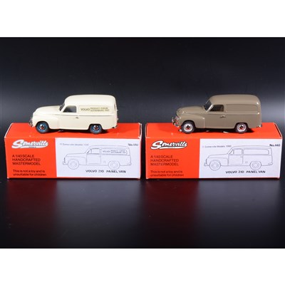 Lot 502 - Somerville 1:43 scale white metal models; two no.140 Volvo Panel Van, in rare cream with blue wheels 'Product Forum Gothenburg 1997' transfers, and fawn, boxed.