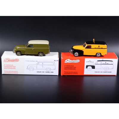 Lot 503 - Somerville 1:43 scale white metal models; two no.140 Volvo Panel Van, in rare yellow/black 'Norges Automobil-Forbund' transfers, and two tone olive/beige, boxed.