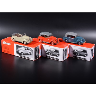 Lot 509 - Somerville 1:43 scale white metal models; two no.177a Anglia Tourer in red and blue, and a no.177 open Anglia Tourer.