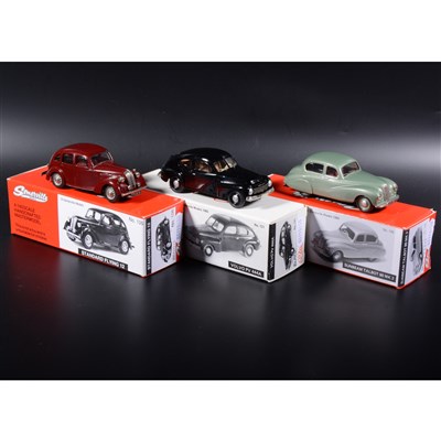 Lot 510 - Somerville 1:43 scale white metal models; no.120 Sunbeam Talbot 90 Mk 2 in met green, no.121 Volvo PV 444A in black, no.106 Standard Flying 12 in maroon, boxed.