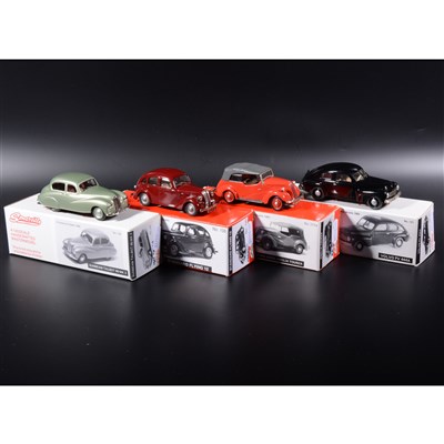 Lot 513 - Somerville 1:43 scale white metal models; no.121 Volvo PV 444A in black, no.106 Standard Flying 12 in maroon, no.117a Anglia Tourer in red, no.120 Sunbeam Talbot 90 Mk 2 in met green, boxed.