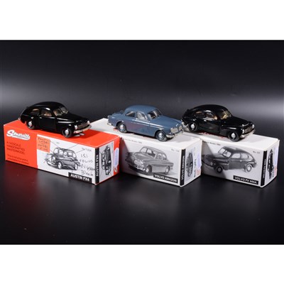 Lot 511 - Somerville 1:43 scale white metal models; two no.121 Volvo PV 444A in black, (one in incorrect box), and a no.124 Volvo Amazon in blue/grey, boxed.