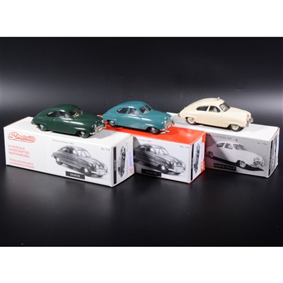 Lot 517 - Somerville 1:43 scale white metal models; two no.199 Saab 92 in green and blue, and a no.119a Saab 92 Monte-Carlo 'Rally' car, in cream, boxed.