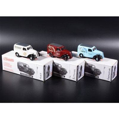 Lot 259 - Somerville 1:43 scale white metal models; three Fordson 5CWT. Van with 'Butcher', 'Turf' and 'Fishmonger' transfers, boxed.