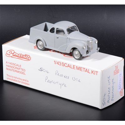 Lot 424 - A Somerville white metal model prototype of a 504 Ford Prefect UTE open back truck, 9.5cm in length, boxed.