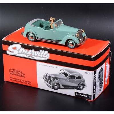 Lot 425 - A Somerville white metal model mock-up of the no.132 P-2 Rover 14 in mint green convertible with lady figure, boxed.