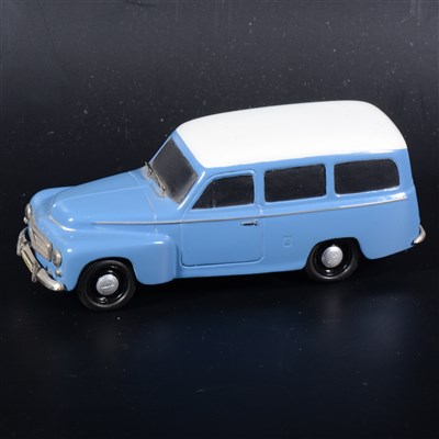 Lot 433 - A Somerville wooden mock-up prototype of the no.128 Volvo Duett Wood, painted grey/blue with rubber tyres, 10cm.
