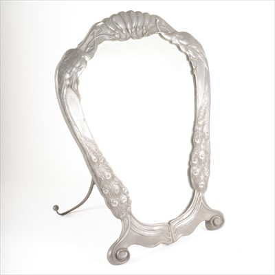 Lot 86 - An Art Nouveau pewter mirror with peacock design, attributed to Friedrich Adler for Osiris.