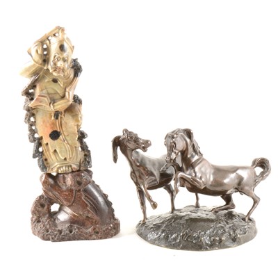 Lot 79 - Bronze animalier group, modelled with two horses, and carved soapstone Chinese figure